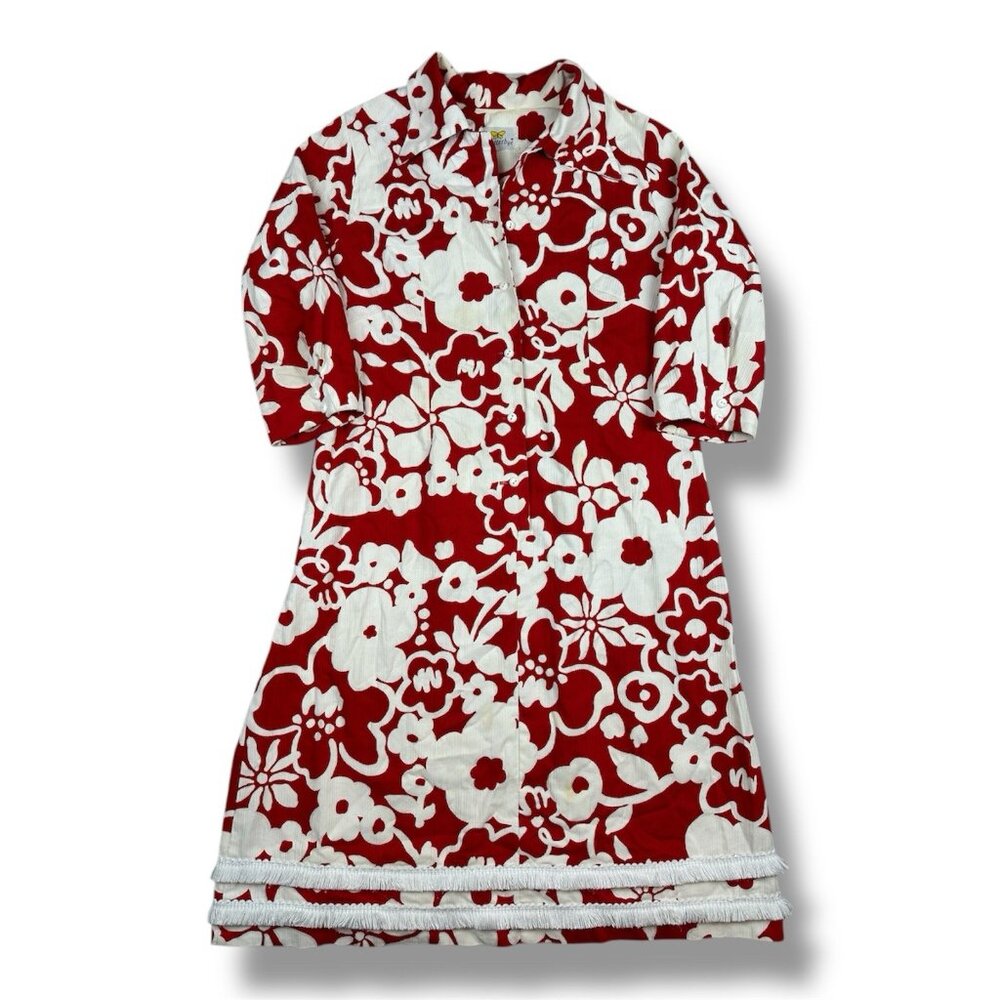 Vtg 60s 70s Flutterbye Dress Red White Hawaiian Tassel Trim Textured 38” W 42” L